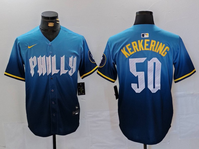Men's Philadelphia Phillies Orion Kerkering #50 Blue 2024 City Connect Limited Jersey